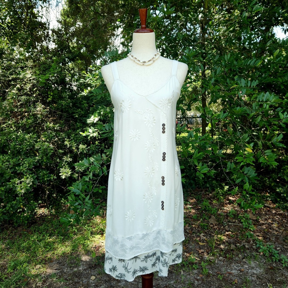 Boho Lace Midi Dress Sz M White Chiffon Layered Beach Tie-Back Y2K 90s Resort